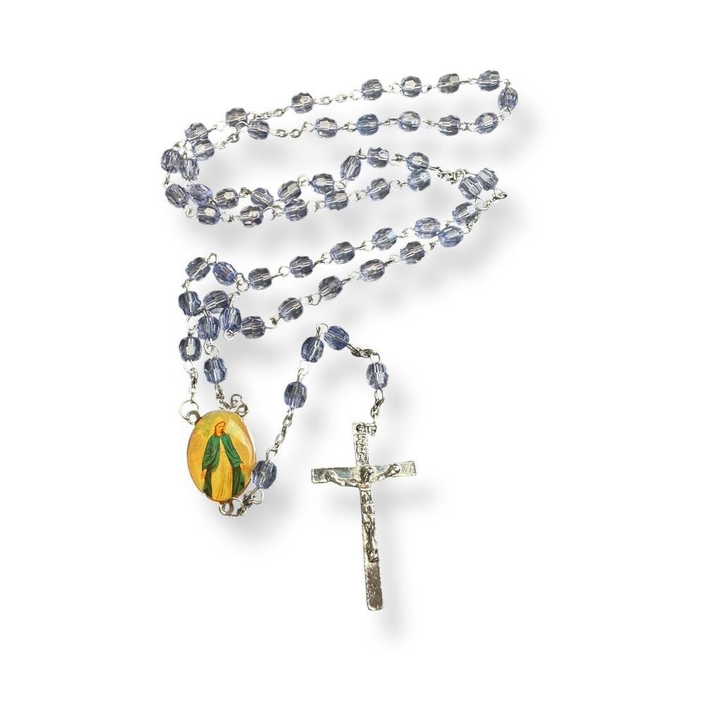 Blue Acrylic Faceted Beaded Rosary on Silver-Tone Chain